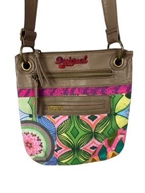 Desigual Multicolor Floral-Geometric Tan Trim Crossbody Bag Purse